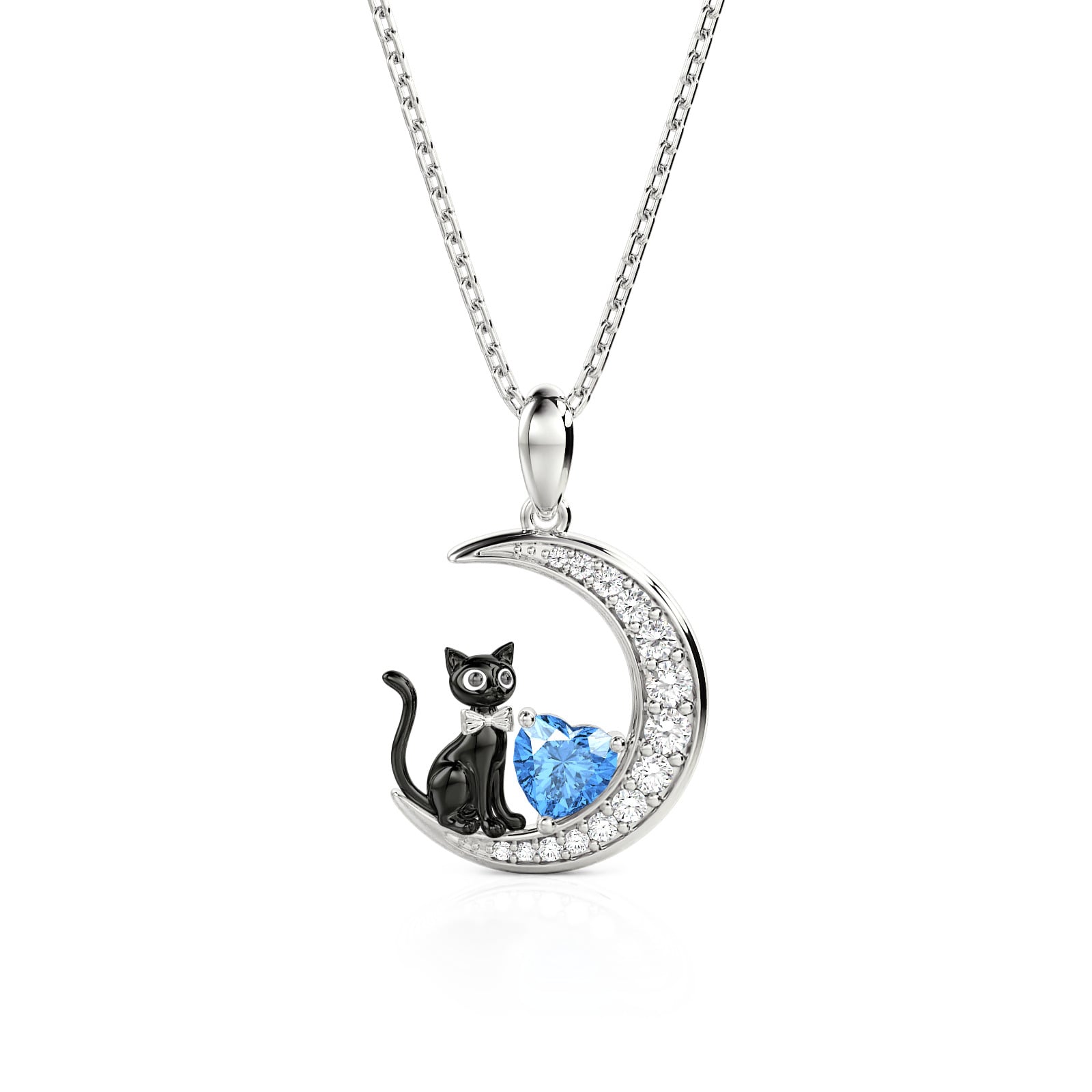 Jeulia Custom Black Cat Moon Necklace with Heart Birthstone
