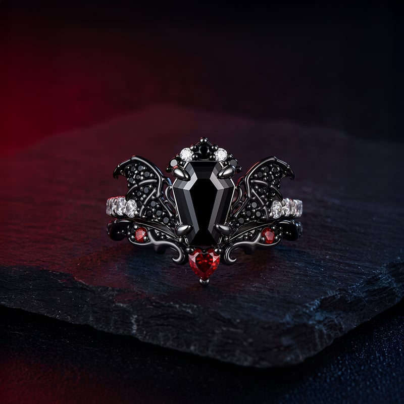 Jeulia Until Death Black Coffin Cut Bat Wing Bridal Ring Set