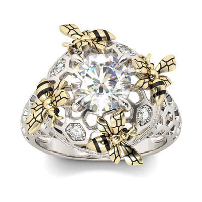 Jeulia Two Tone Bee Honeycomb Round Cut Sterling Silver Ring