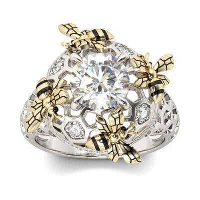 Jeulia Two Tone Bee Honeycomb Round Cut Sterling Silver Ring
