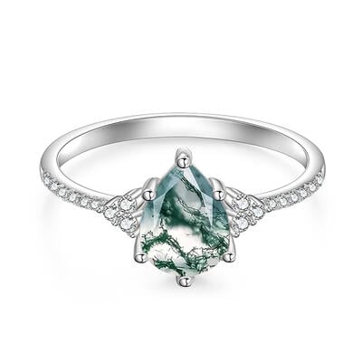 Jeulia Anillo de Compromiso Ágata Musgo Natural con Corte Pera de Plata de Ley