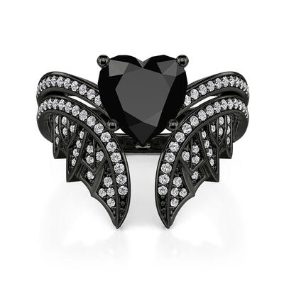 Jeulia Vintage Bat Wing Black Heart Bridal Ring Set