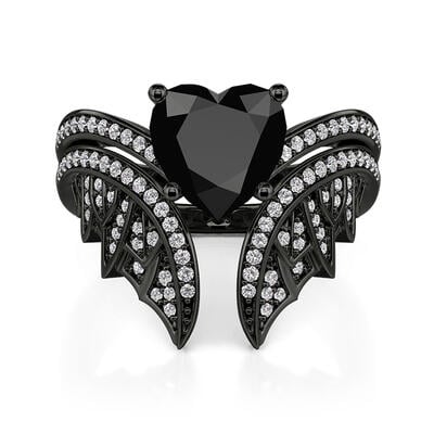 Jeulia Vintage Fledermaus Flügel Schwarz Herz Brautring Set