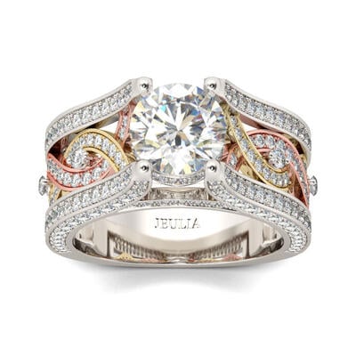 Jeulia Three Tone Round Cut Sterling Silver Ring
