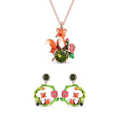 Jeulia "Love-in-Idleness" Fox with Flower Enamel Sterling Silver Jewelry Set
