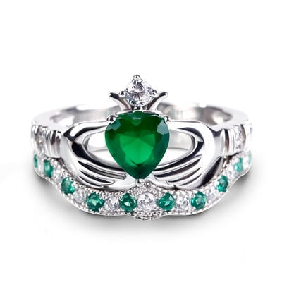 Jeulia Crown Heart Cut Sterling Silver Claddagh Ring Set