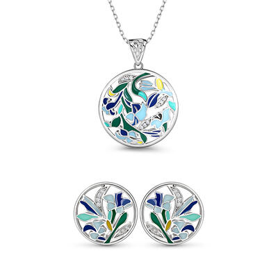 Jeulia "Garland" Flower and Leaf Enamel Sterling Silver Jewelry Set