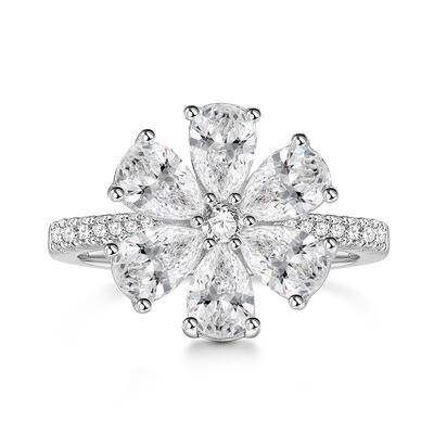 Jeulia "Lucky Petal" Pear Cut Six-Petal Flower Sterling Silver Ring
