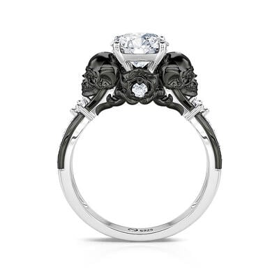 Jeulia Anillo Boda Calavera Negra Rosa de Plata Esterlina