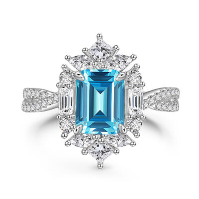 Jeulia Anillo de Compromiso con Halo Torcido con Corte Esmeralda de Plata de Ley