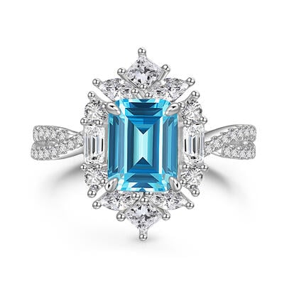 Jeulia Anillo de Compromiso con Halo Torcido con Corte Esmeralda de Plata de Ley