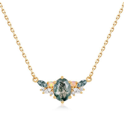 Jeulia Vintage Moss Agate Opal Necklace Sterling Silver