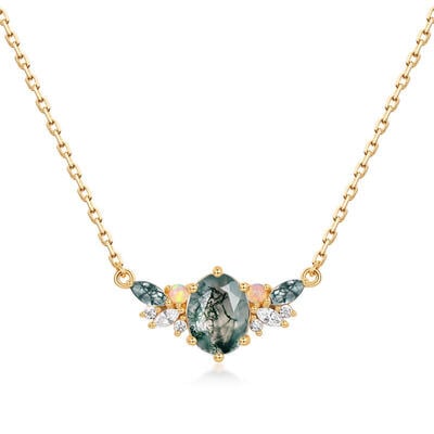Jeulia Vintage Moss Agate Opal Necklace Sterling Silver