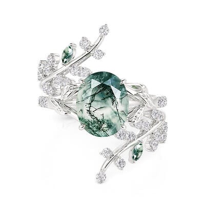 Jeulia ネイチャー インスパイアード バインリーフ モスアゲート リング セット 2PCS