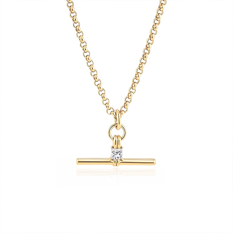 Jeulia "Andy" Style Gold T-Bar Necklace with Square Stone