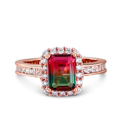 Jeulia Halo Emerald Cut Sterling Silver Watermelon Ring