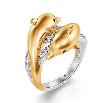 Jeulia "Golden Embrace" Two Dolphins Sterling Silver Ring