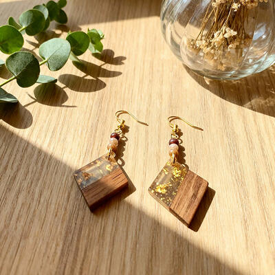 Geometric Diamond-Shaped Wood & Resin Earrings for Women – Unique Boho Chic Jewelry Gift