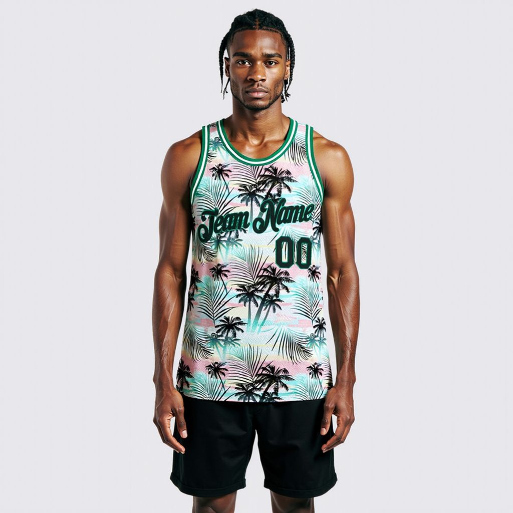 Custom Black Black-Kelly Green 3D Pattern Tropical Hawaii Palm Leaves Authentic Basketball Jersey