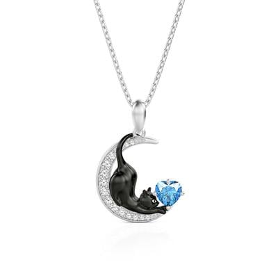 Jeulia Custom Black Cat Moon Necklace with Heart Birthstone