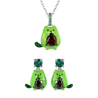 Jeulia Hug Me "Avocado Cat" Enamel Sterling Silver Jewelry Set