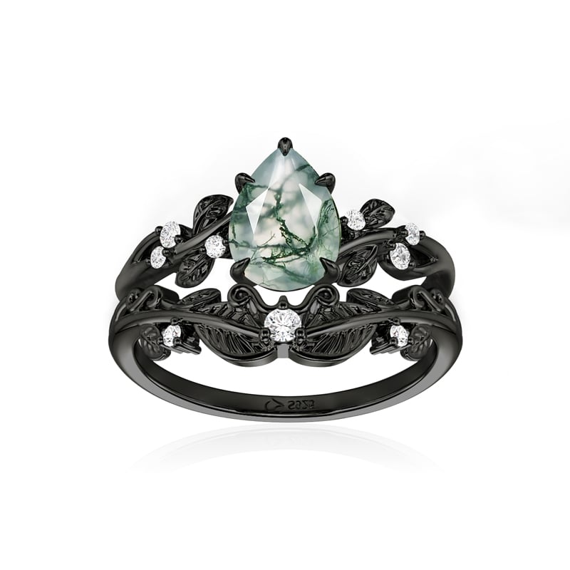 Jeulia Gothic Black Leaf Pear Moss Agate Engagement Ring Set