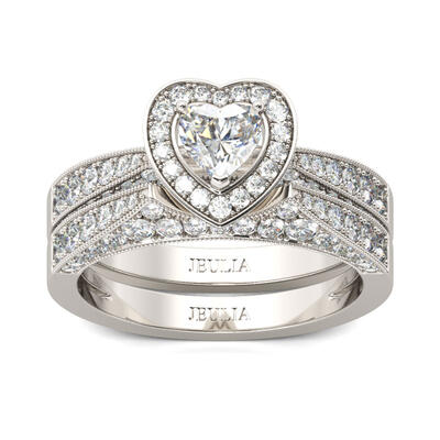 Jeulia Halo Heart Cut Sterling Silver Ring Set