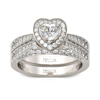 Jeulia Halo Heart Cut Sterling Silver Ring Set
