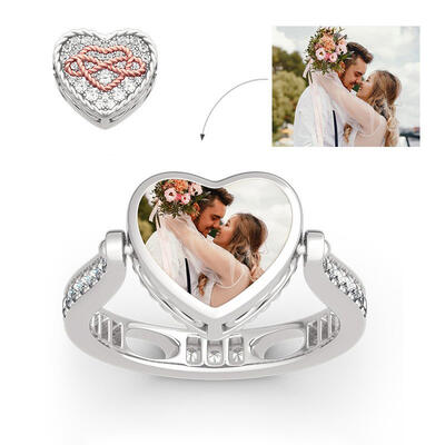 Jeulia "Heart and Infinity" Sterling Silver Personalized Photo Ring (With A Free Chain)