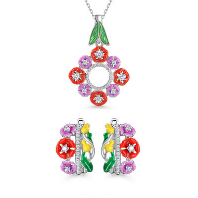 Jeulia "Colorful Day" Flower Enamel Sterling Silver Jewelry Set