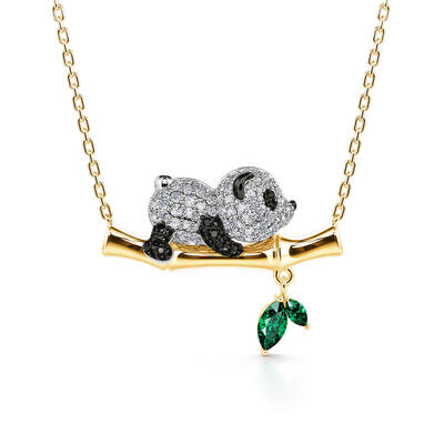 Jeulia "Lazy Moment" Panda with Bamboo Sterling Silver Necklace