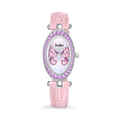 Jeulia "Fluttering Moment" Butterfly Quartz Pink Leather Watch with Mother of Pearl Dial
