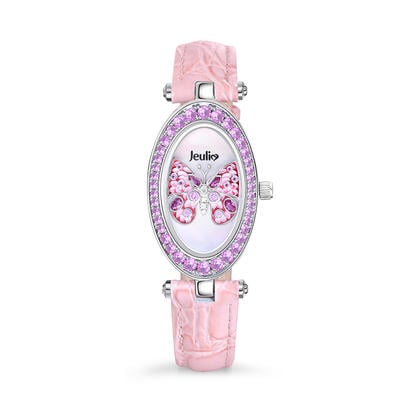 Jeulia "Fluttering Moment" Butterfly Quartz Pink Leather Watch with Mother of Pearl Dial