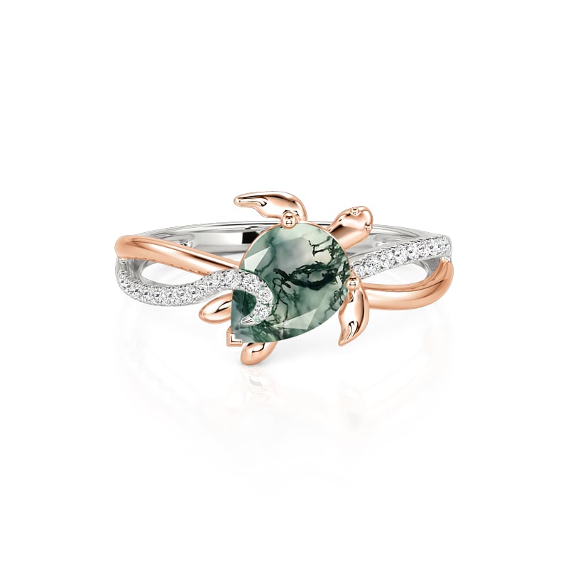 Jeulia Hug Me Two-Tone Twist Turtle Pear Cut Moss Agate Ring