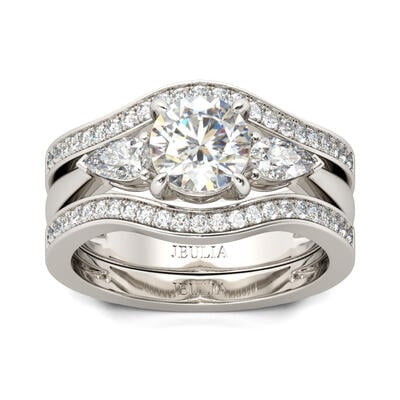 Jeulia Three Stone Round Cut Sterling Silver Enhancer Ring Set