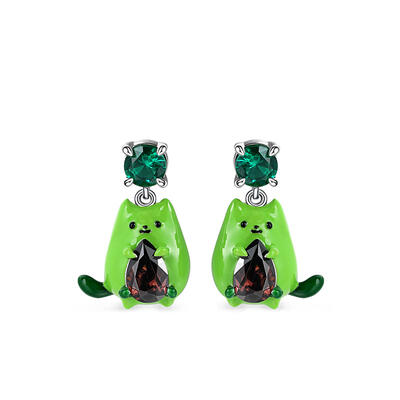 Jeulia Hug Me "Avocado Cat" Enamel Sterling Silver Earrings