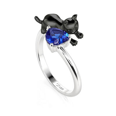 Jeulia Guardian Black Cat Heart Ring Sterling Silver