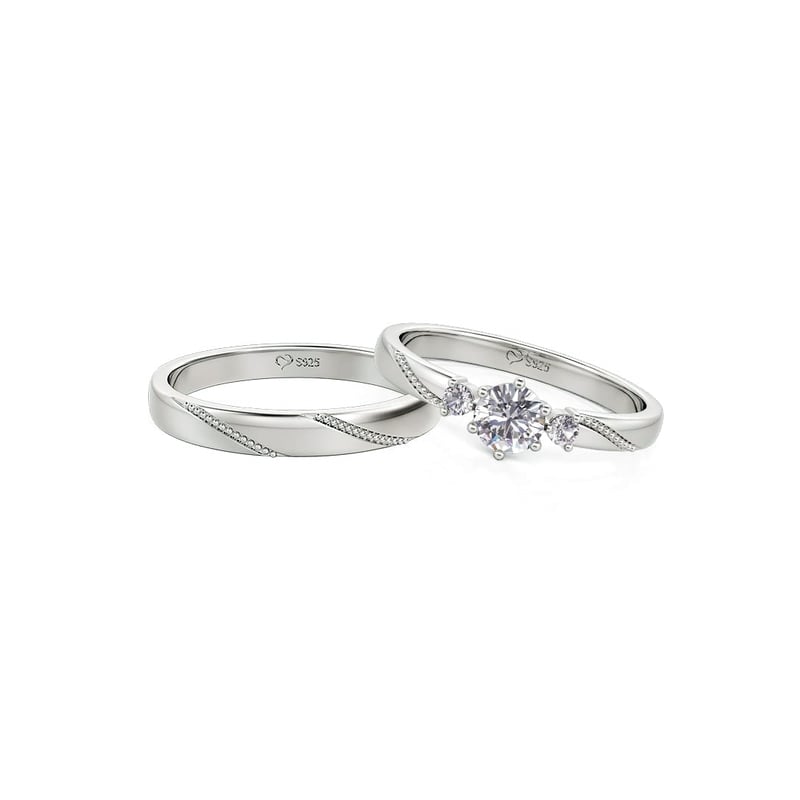 Jeulia Conjunto de Anillos de Pareja Personalizados Simples con Tres Piedras Milgrain