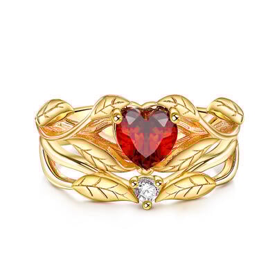 Jeulia Conjunto de Anillo de Compromiso de Plata Esterlina con Hojas Doradas de Corte de Corazón