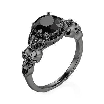 Jeulia Gothic Halo Round Cut Black Skull Ring Sterling Silver