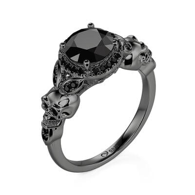 Jeulia Anillo de Calavera Negro Halo Corte Redondo Gótico de Plata de Ley