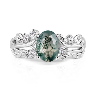Jeulia Floral Leaf Oval Moss Agate Engagement Ring