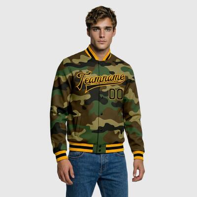 Custom Camo Full-Snap Varsity Letterman Salute To Service Jacket Great for Military-Themed Camping Trips and Veteran Bonding