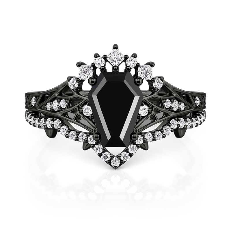 Jeulia Gothic Bat Coffin Cut Black Bridal Ring Set 2PCS