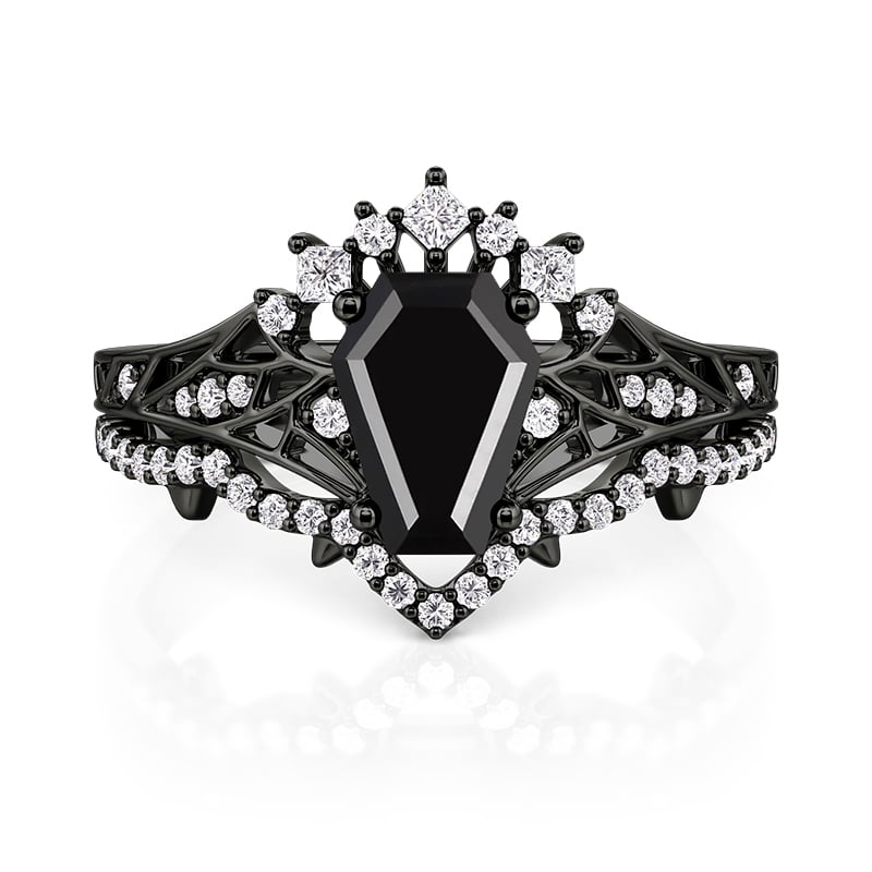 Jeulia Gothic Bat Coffin Cut Black Bridal Ring Set 2PCS