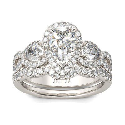 Jeulia Three Stone Twist Pear Cut Sterling Silver Ring Set