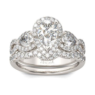 Jeulia Three Stone Twist Pear Cut Sterling Silver Ring Set