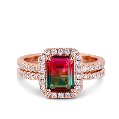 Jeulia Halo Emerald Cut Sterling Silver Watermelon Ring Set