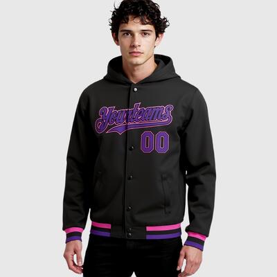 Custom Black Vintage Full-Snap Varsity Letterman Hoodie Jacket for Daily Commute