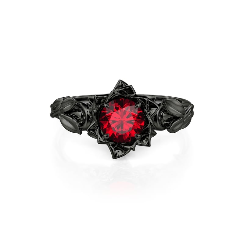 Jeulia Black Floral Round Cut Gothic Ring Sterling Silver
